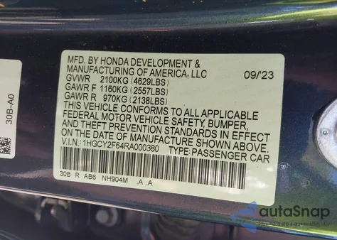 2024 Honda Accord Hybrid Ex-L из США, поврежденный, VIN 1HGCY2F64RA000380